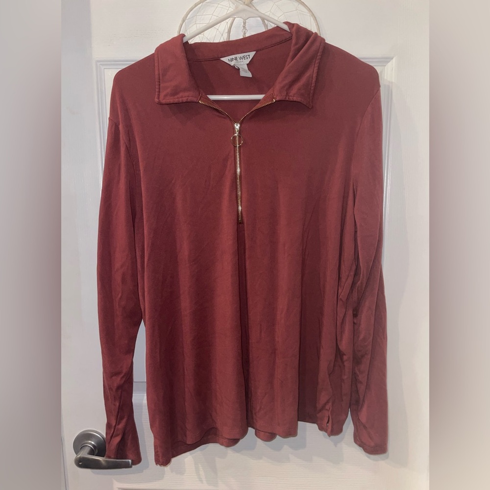 Zip-Up Rust Red Long Sleeve Top